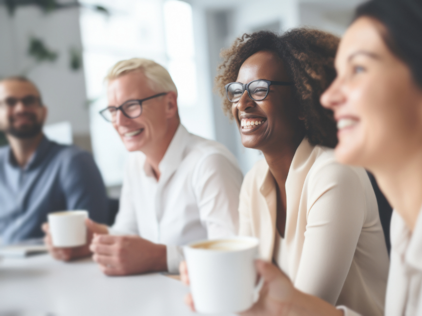 board of managers with coffee looking happy